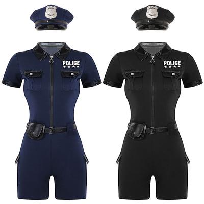 Womens Police Officer Costume Set Zipper Short Sleeve Jumpsuit Belt Purse Hat Accessories Role Play Uniform