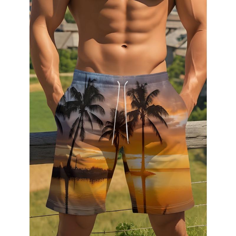 Tropical Gradient Beach Shorts For Men, Coconut Tree 3d Print Quick Dry Loose Swim Trunks, Casual Men's Drawstring Board Shorts