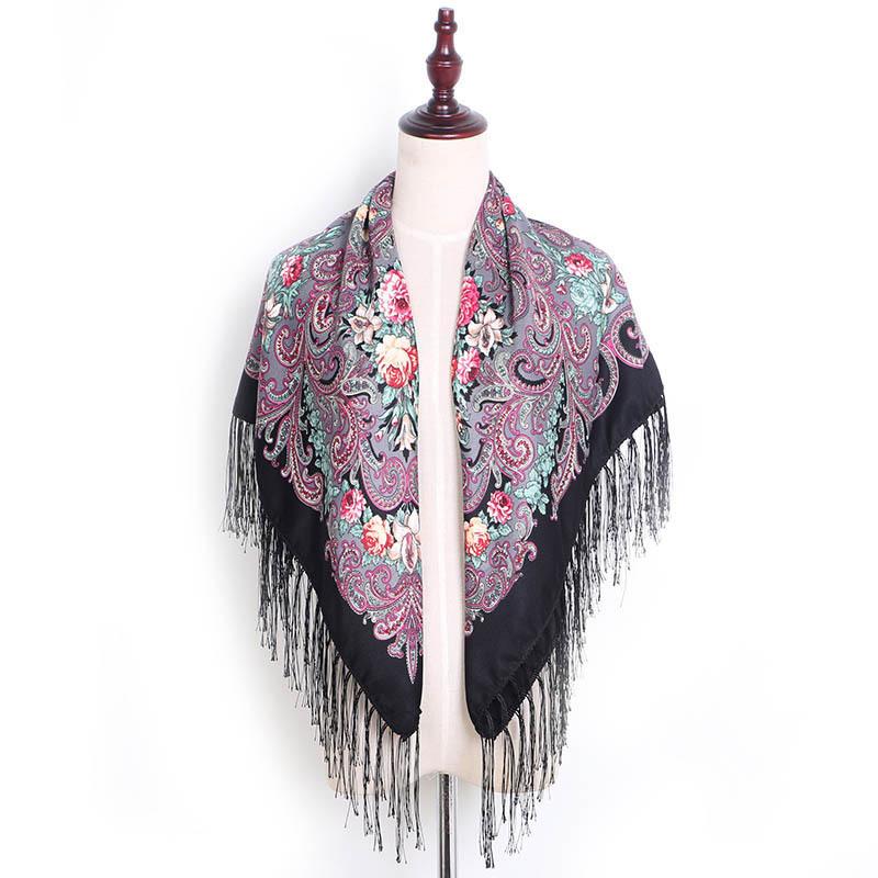 90*90cm Women Russian National Square Scarf Luxury Floral Print Russian Shawls Scarves Female Retro Fringed Foulard Wraps