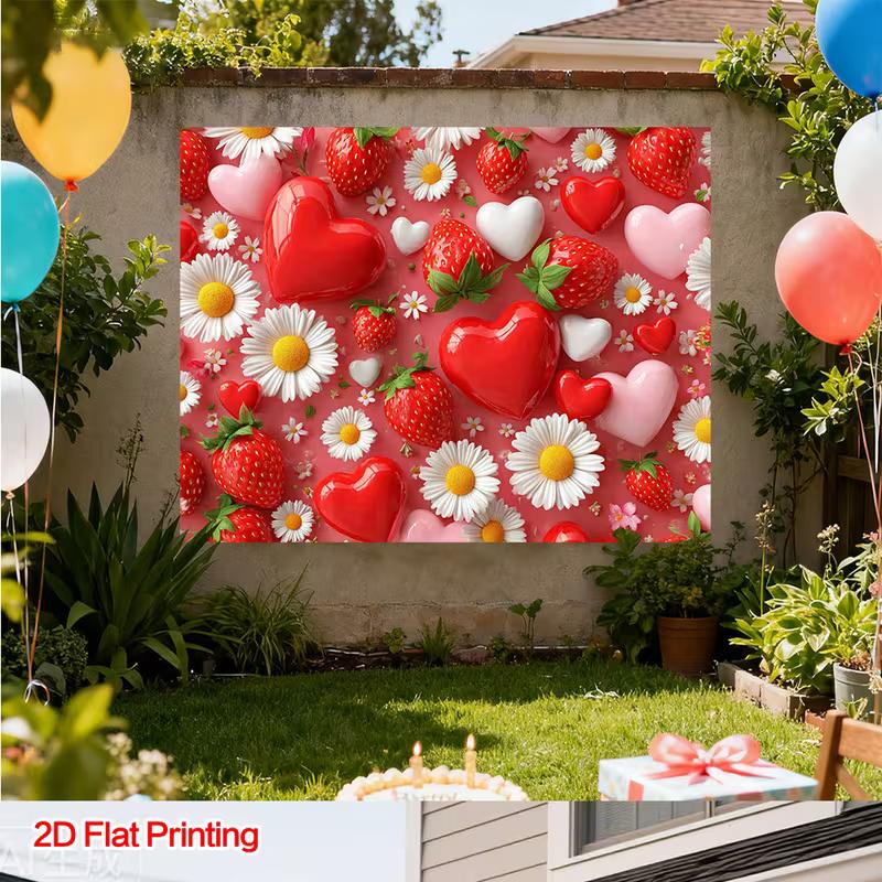 Romantic Strawberry, Heart and Daisy Backdrop Pink Themed Background Cloth for Birthday and Party