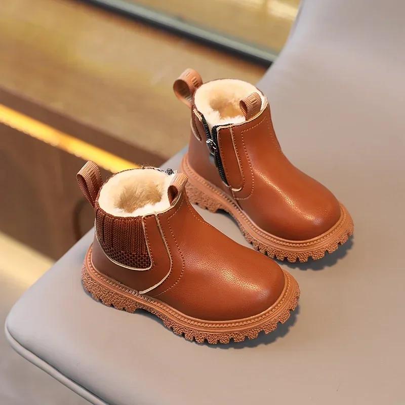 Autumn Winter Kid Boys Girls Casual Ankle Boots Comfortable Simple Side Zipper Leather Boots Velvet Warm Non-Slip Boots 21