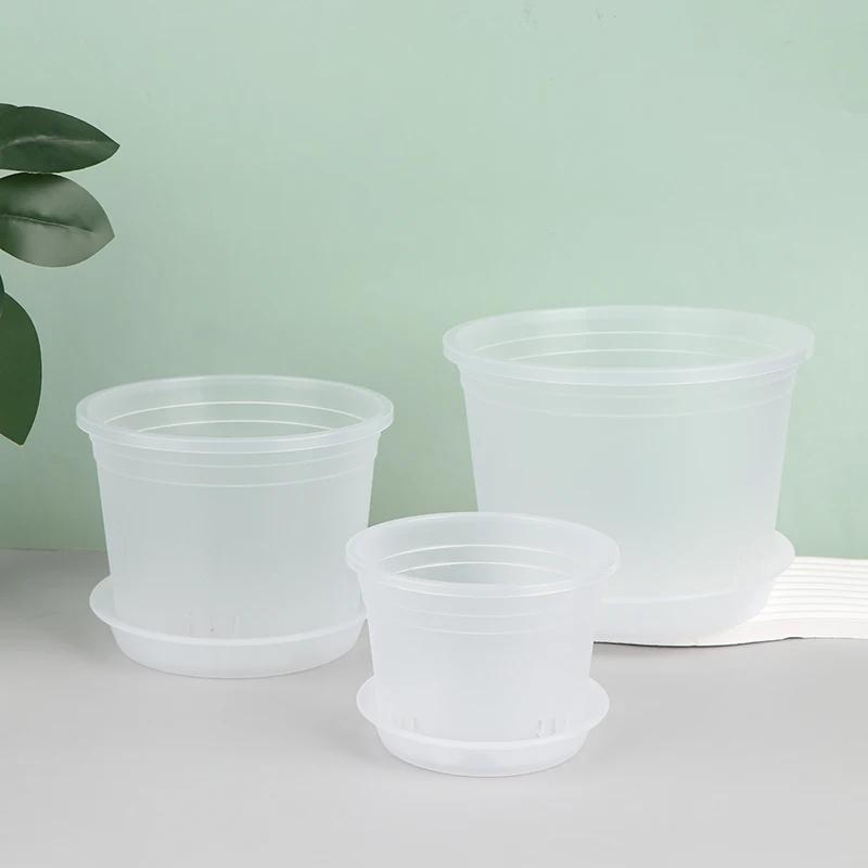 1Pc Transparent Round Orchid Pot With/Without Tray Root Control Plastic Orchid Pots With Holes Breathable Plant Growth Container