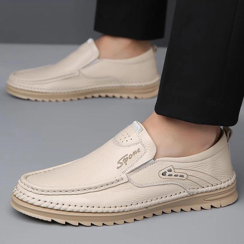 Herresko i ekte skinn, flate, uten lisser, myk såle, loafers, sommer, utendørs, fotturer, kjøring, mokasiner for menn