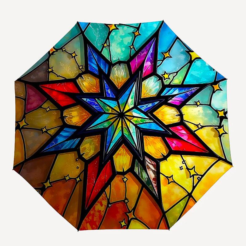1pc Colorful Starburst Stained Glass Auto-Folding Umbrella with 3-Fold Design, 8-Bone Iron Frame - Perfect for Outdoor Use, Festive Gifts, Travel, Dai