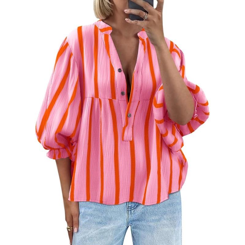 New Summer and Autumn Striped Shirt with Puffed Sleeves and Loose Top for Women