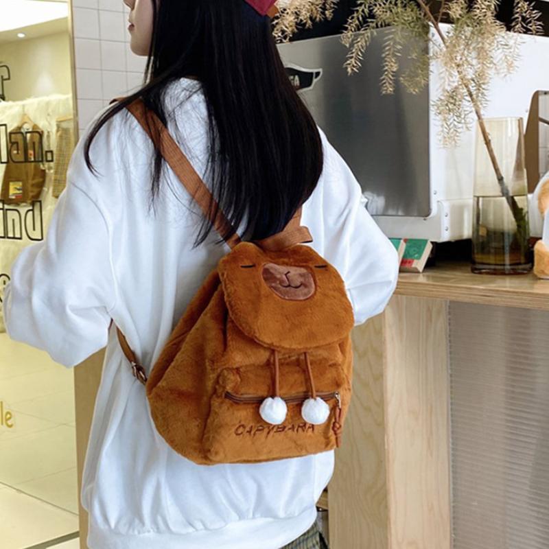 

Student School Bag Cute Plush Capybara Bag Casual All-Match Fur Bag Large Capacity Backpack Children S Bags Plushie Doll кофейный