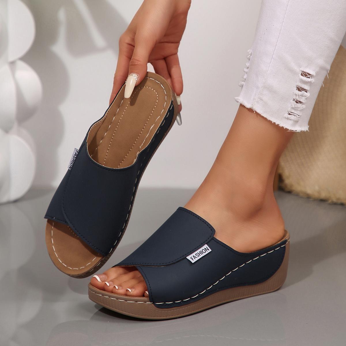 Women Wedge Slippers Summer Fashion Slippers Open Toe Breathable Sandals Comfortable Buckle Woman Shoes Slides Women 42EUCN43 темно-синий 1770₽