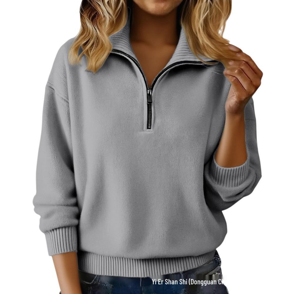 Pull en tricot pour femme 2026 à fermeture éclair et col revers - Coupe ample à manches longues pour un style décontracté