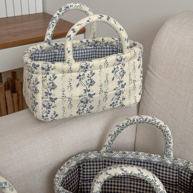 Floral Vintage Organizer Basket With Handle Portable Home Storage Basket For Living Room Kitchen Countertop