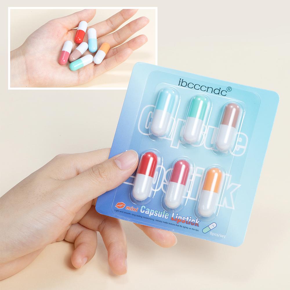 6pcs/set Mini Cute Capsule Lipstick Set with Lip Balm Moisturizing Waterproof Non-stick Cup Carry Pill Lipstick Lips Makeup Gift