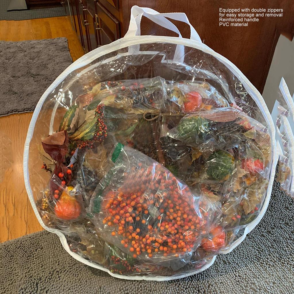 Wreath Storage Bag 60x20cm Thick PVC Reinforced Handle Double Zippers Transparent Clear Wreath Storage Container