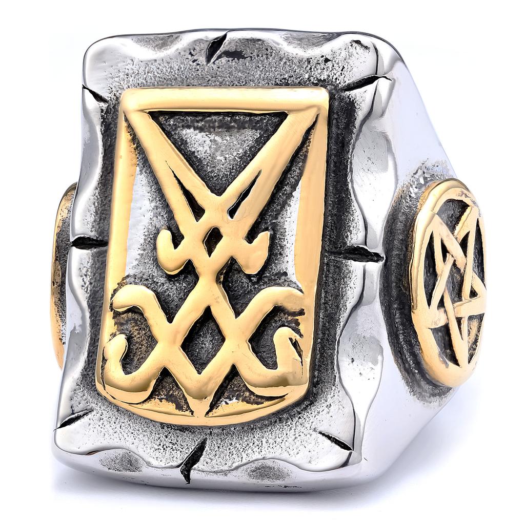 Personalized Dark Series Logo Ring Stainless Steel Satan Pitting Steel Color Gold