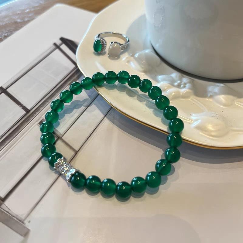 New Chinese Chalcedony Green Agate Beaded Bracelet Light Luxury Zircon 6Mm Light Luxury Style Round Bead Texture Bracelet