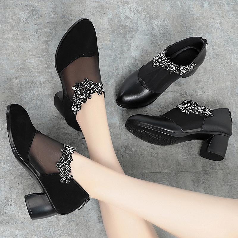5cm Plus Size 35-42 Breathable Comfortable Mesh Rhienstone Shoes Women Pumps Summer 2025 Med Block Heels Gneuine Leather Shoes