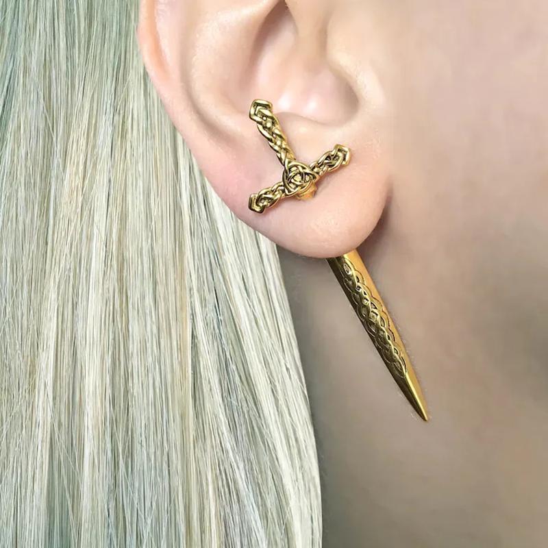 Steel Fun Jewelry Punk Sword Gothic Kinitial Piercing Earrings for Women&Men Goth Pattern Ear Jacket Cross Stud Earring Jewelry