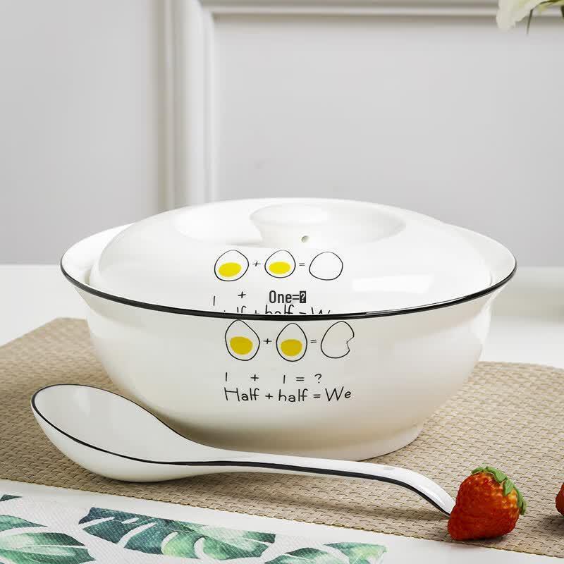 Large Ceramic Soup Bowl with Lid and Spoon