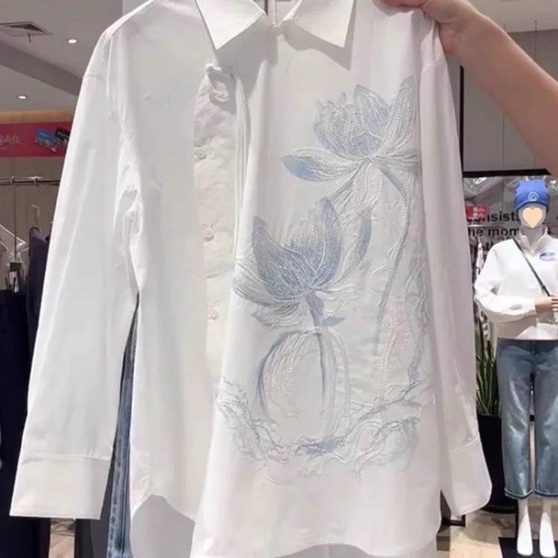 Modern Chinese Style Embroidered Long Sleeve Shirt With Polo Collar For Office Wear