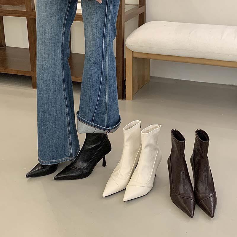 Soft leather thin heel pointed women's boots short high heels fashion boots rear zipper French thin women's short boots
