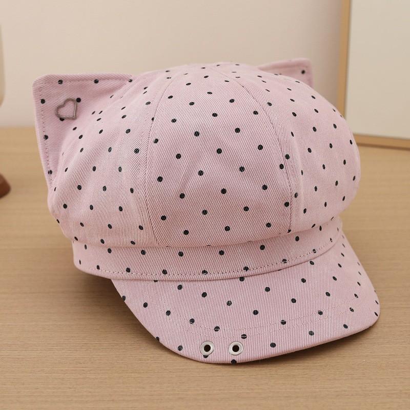 Cute Cat Ear Beret Hat Women - Vintage Octagon Cap With Polka Dots Wide Brim Adjustable Fit Fall Fashion