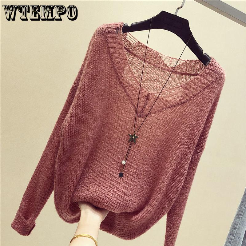 Spring Women's Sweater Long Sleeve Loose Knit Women's Thin Slouchy Sweater Hollow Top