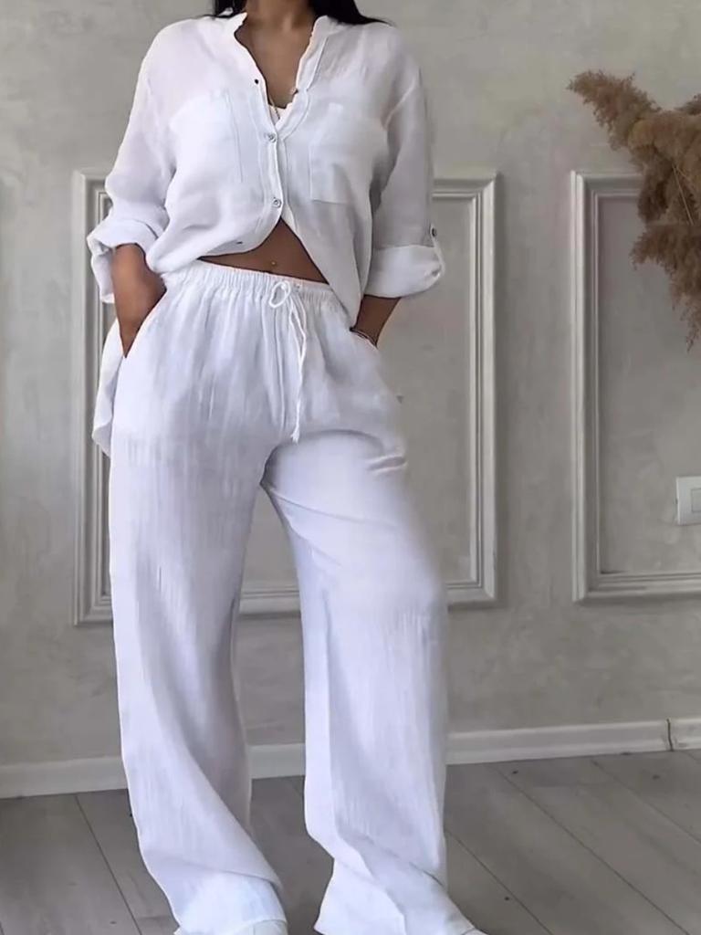 New Women's Solid Color One-Button Long Sleeve Shirt Two-Piece Set Wide Leg Pants with Tie Waist Trousers for Women