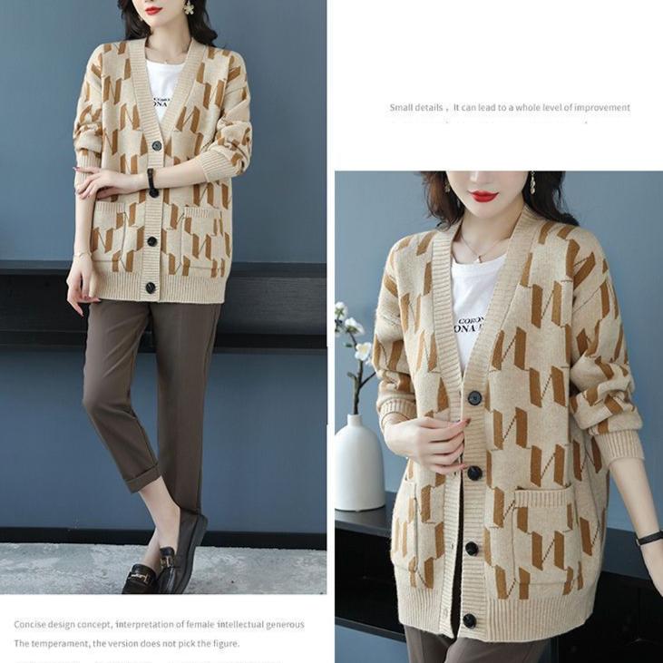 Herbst/Winter Damen Übergröße Strickjacke Pullover V-Ausschnitt Lockere Strickjacke Bedrucktes einreihiges Strickoberteil