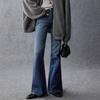 Women’s Mid‑Waist Vintage Washed Flare Jeans – Slim Fit Denim Pants – Blue Retro Style