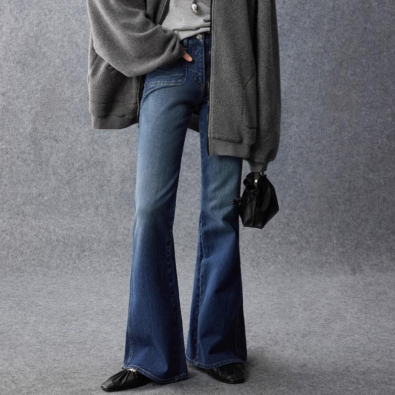 Women’s Mid‑Waist Vintage Washed Flare Jeans – Slim Fit Denim Pants – Blue Retro Style