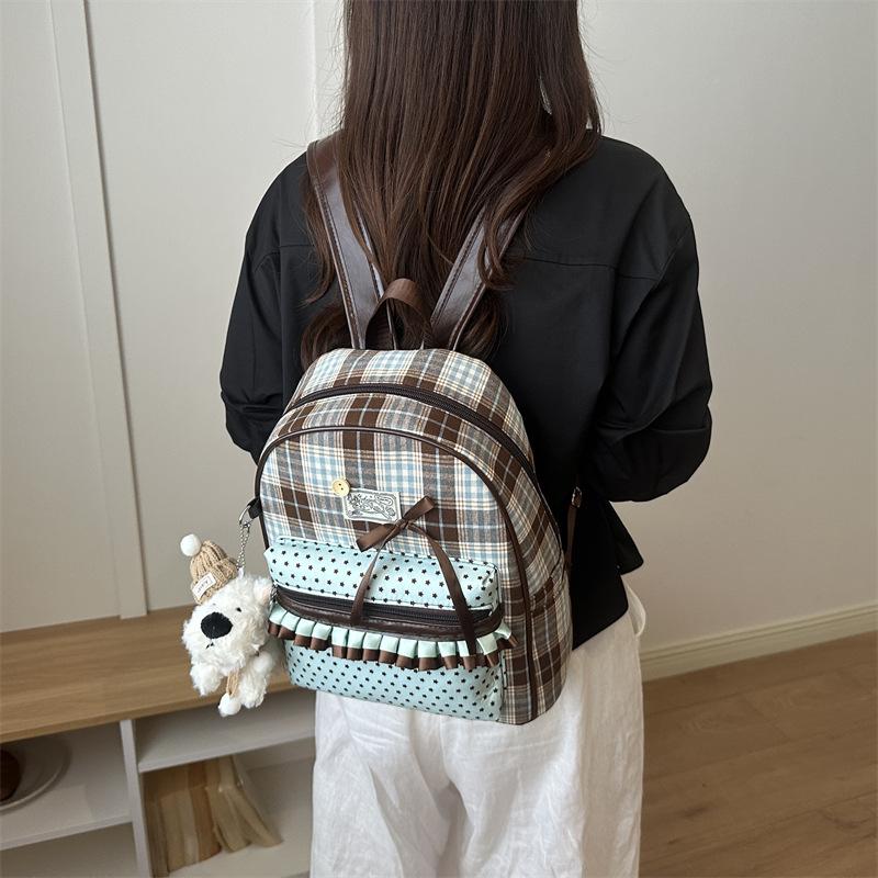 Schoolbag retro sweet polka dot lotus leaf skirt plaid fashion backpack bag women's high sense versatile trend commuter small back