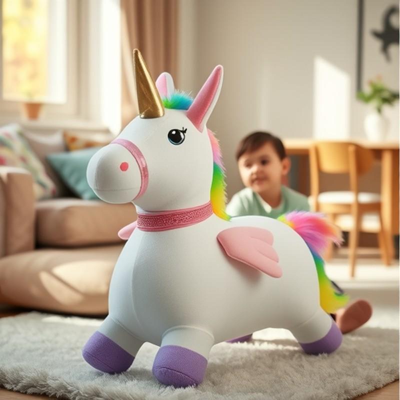 Inflatable Jumping Horse Toy Kids 4-6 Years Music Play Ride-On Animal Bouncer With Thick Plush Cover