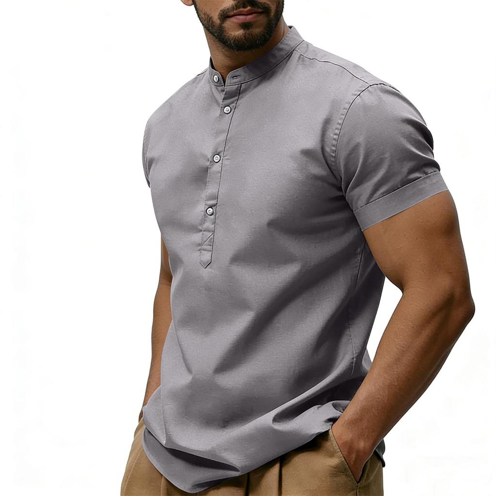 Męska casualowa koszulka z krótkim rękawem i dekoltem w serek w jednolitym kolorze, casualowy top z mieszanki bawełny i lnu z ozdobnymi guzikami.