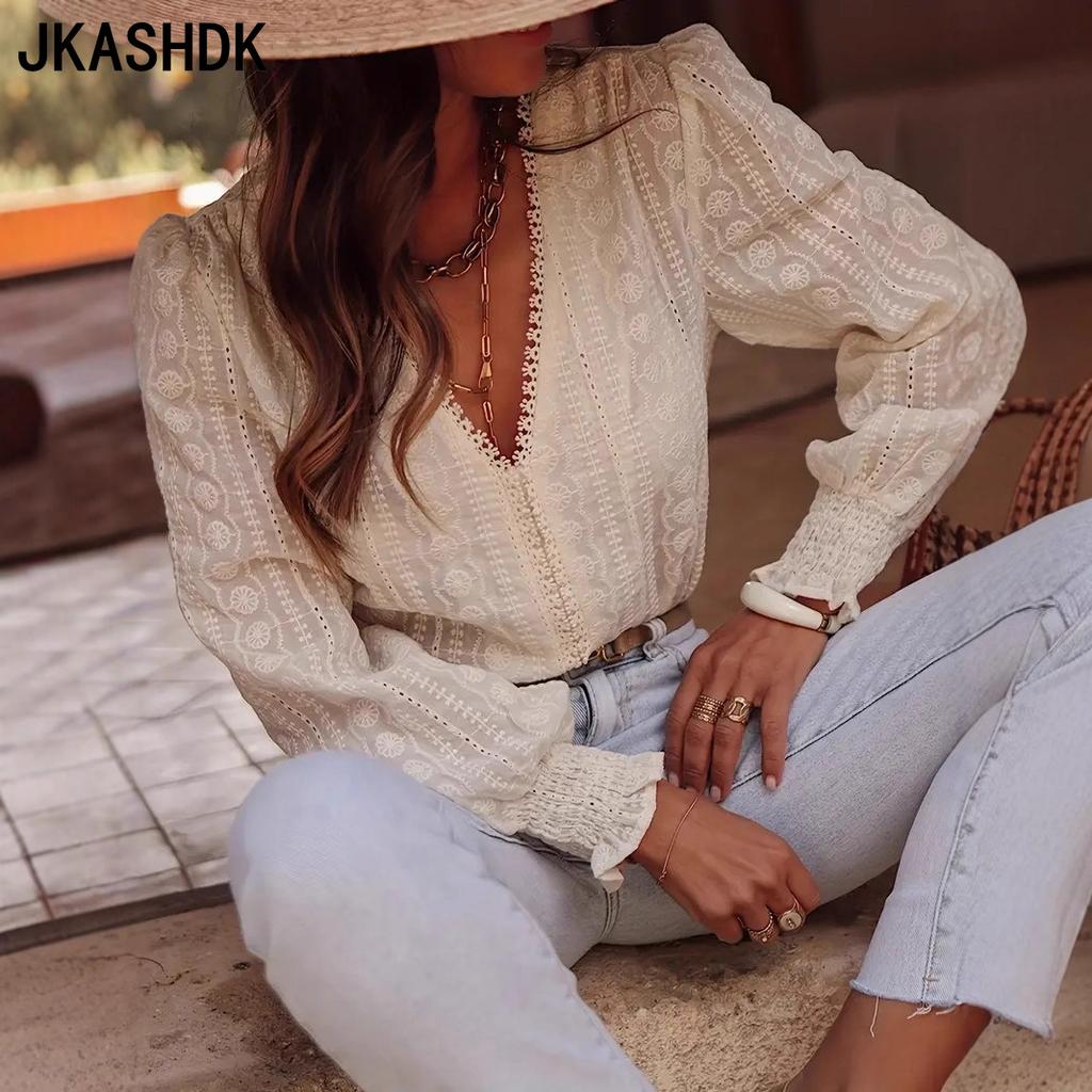 JKASHDK Women's Fashion Casual Spring Autumn Solid Color Print Long Sleeve V-Neck Blouses & Shirts
