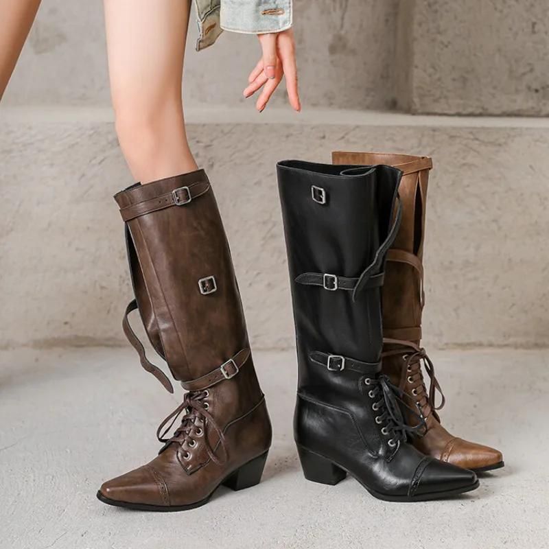 Fashion New Cowhide Cross Tie Straps Belt Buckle Knee High Boots Women Sexy Hot Girl Pole Dance 5.5cm High-heeled Knight Boots Size 40