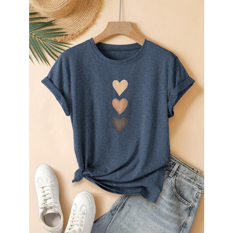 Three Heart-shaped Printed Fashionable Retro Style Women's Summer Casual Sports Style Top Round Neck Short Sleeved T-shirt Deep Space Gray
