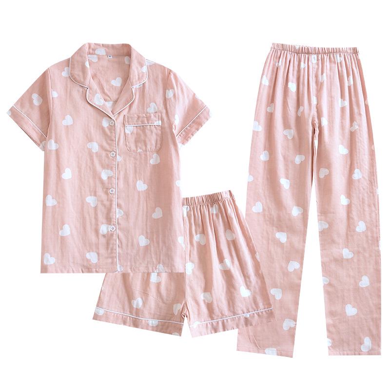 Women's Pure Cotton Three-Piece Pajama Set: Short Sleeve Top, Long Pants, and Shorts for Summer and Spring-Autumn Homewear.