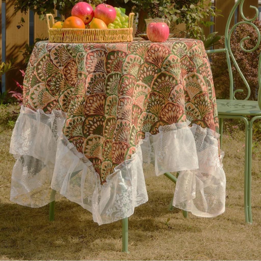 Tablecloth Jacquard Green Rose Oil Painting Plant Outdoor Tablecloth Lace Ruffle Coffee Machine Cover
