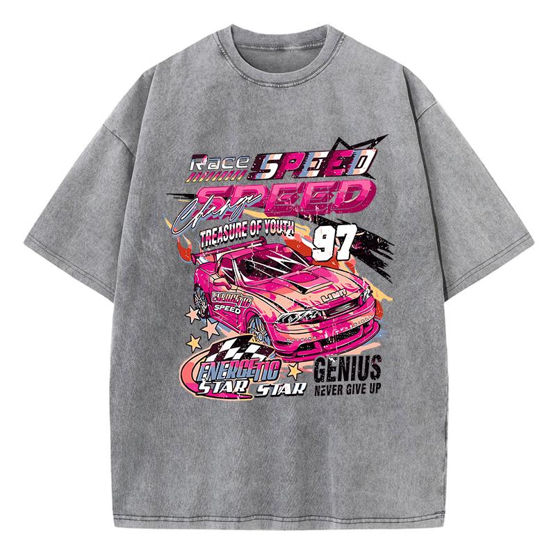 Oversized Woman Washed T-Shirts Race Car Energetic Speed Print Short Sleeve Distressed Crewneck Cotton Tops Trend Clothes