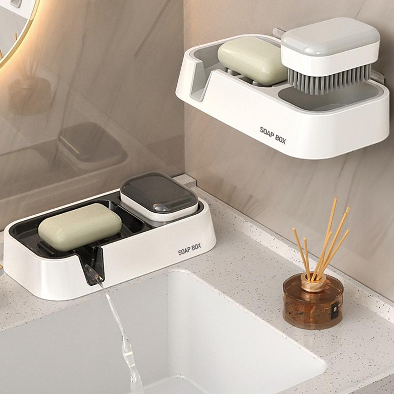 Multifunctional Soap Box Wall Mounted Double Drain Soap Storage Rack with Cleaning Brush Household Bathroom Soap Brush Storage