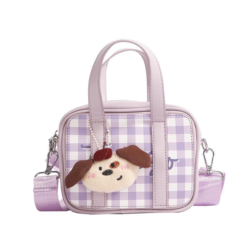 Splicing Colorful Doll Pendant Kids Pu Handbag Cartoon Casual Shoulder Bag