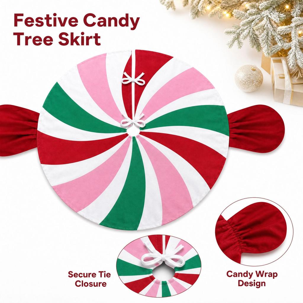 Candy-Shaped Christmas Tree Skirt and Green Contrasting Colors, Christmas Tree Base Decoration