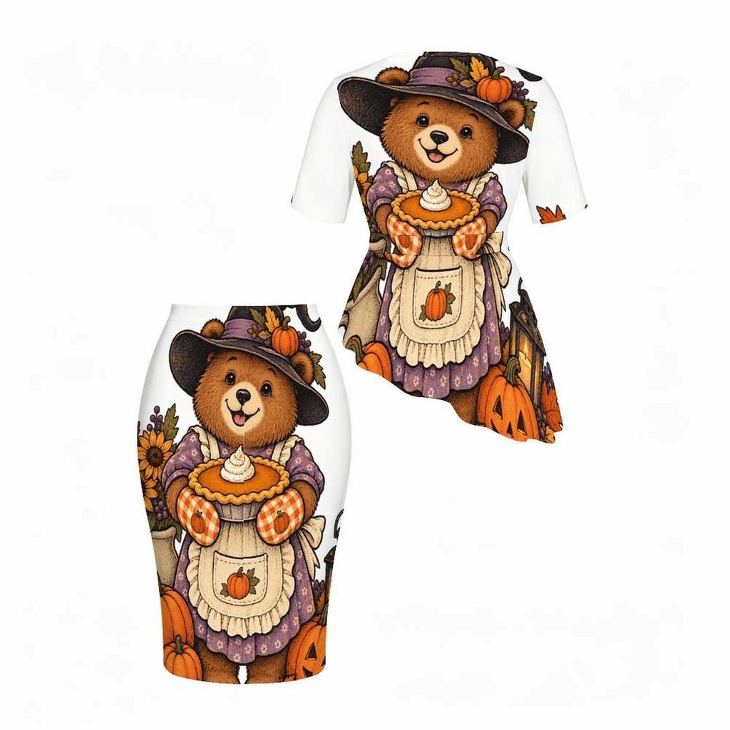Women Plus Size Round Neck Short Sleeve Cute Bear Pumpkin Printed Asymmetric Top Fitted Skirt Two Piece Set