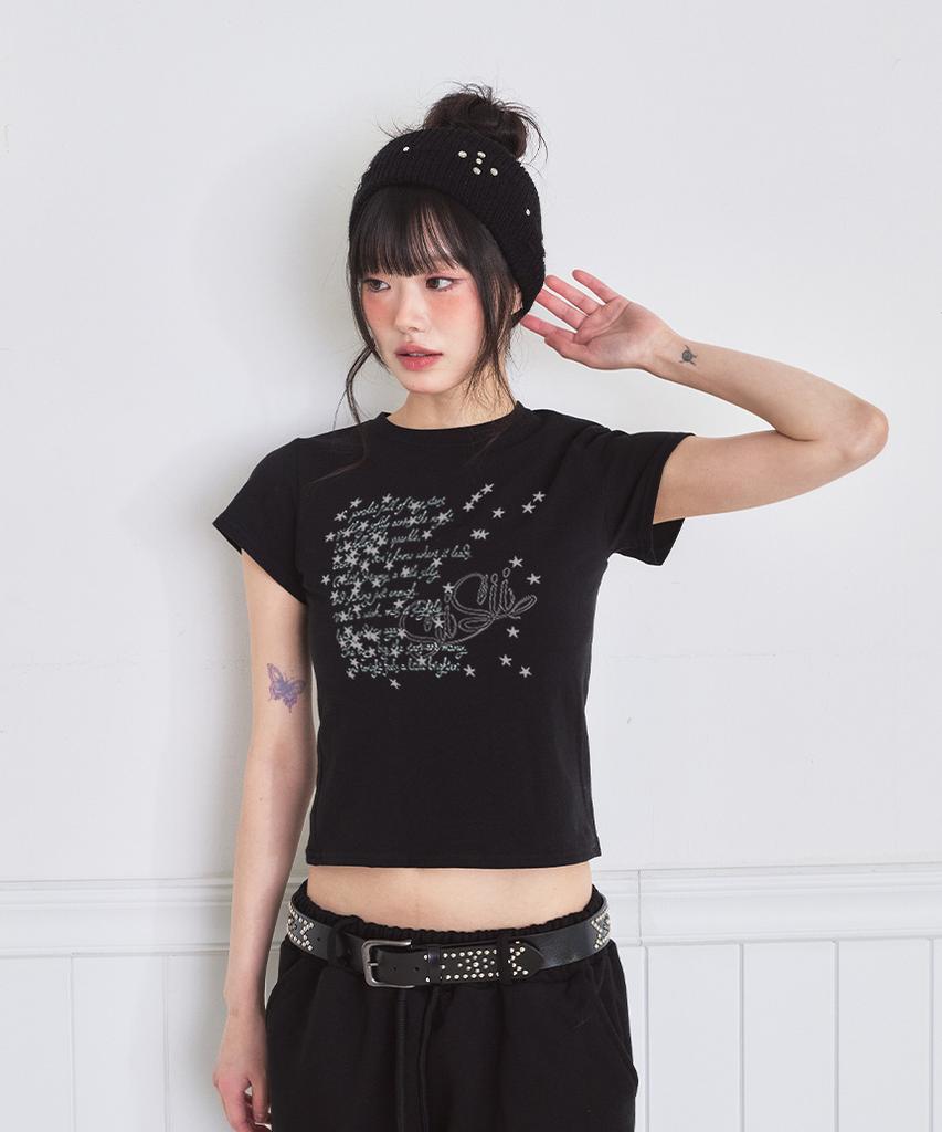 PAGESIISII Random Star Print Slim Fit Short Sleeve T-Shirt Black