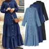 Europäisches und Amerikanisches Stehkragen-Denim-Knopf-Langkleid