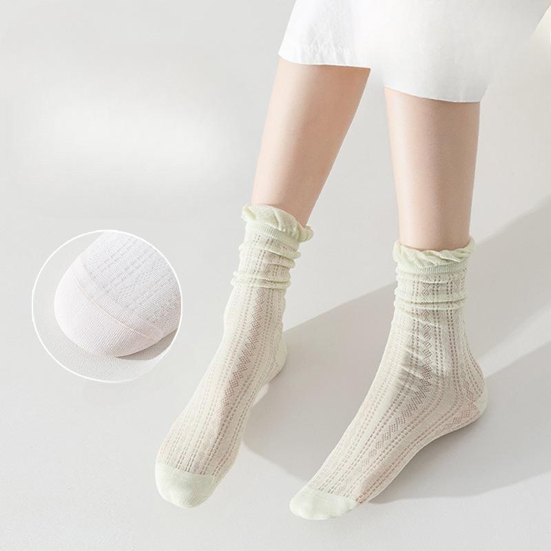 Chaussettes d'été pour femmes, Hautes, Fines, Respirantes, Chaussettes en coton sans couture en dentelle, Chaussettes pour femmes couleur unie en maille absorbant la transpiration
