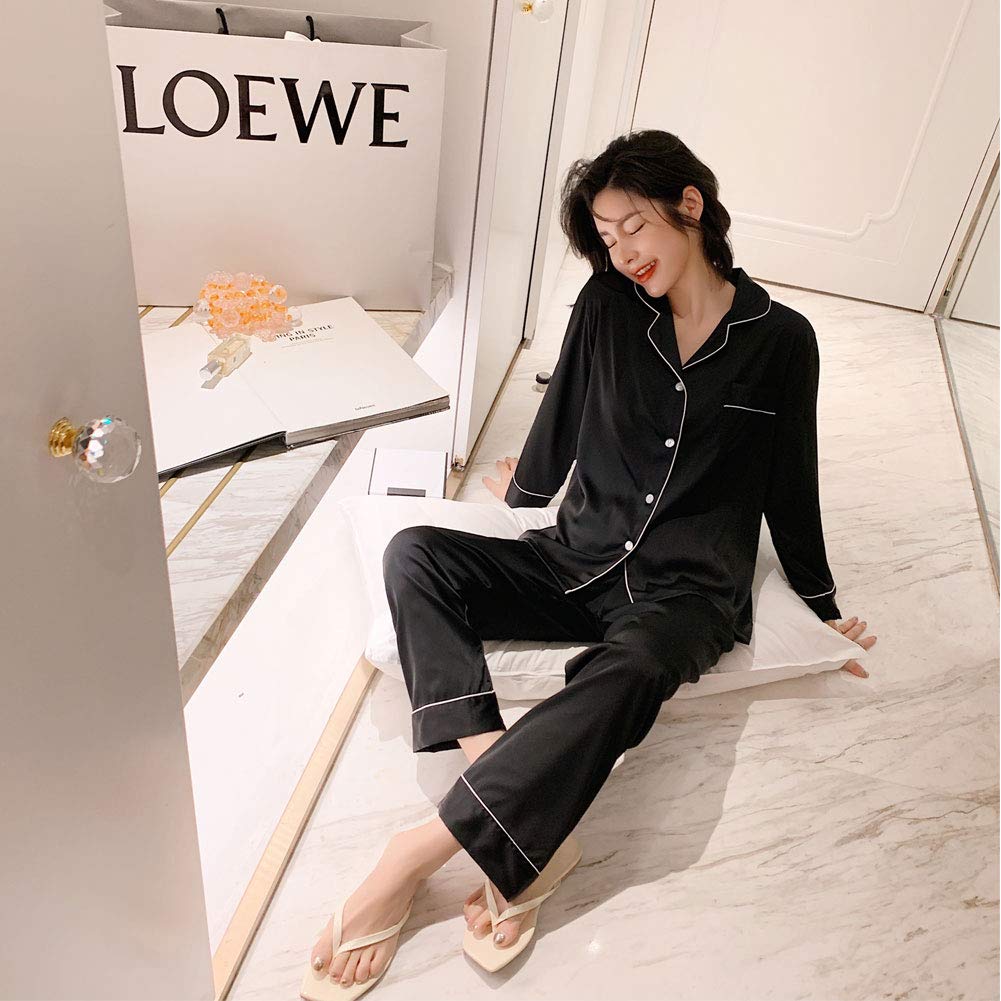 JoveJek Long Sleeve Pajama Classic Plus Suitable for and Winter Women's Silk-Like Set, Open-Front, Style, Breathable, Sizes, Lightweight, Spring,