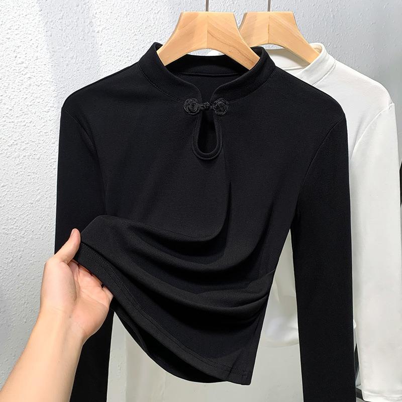 

Белый топ с пряжкой, новый раннеосенний, внутренний, с длинным рукавом, базовая рубашка со стойкой, хлопковая рубашка женская M чёрный