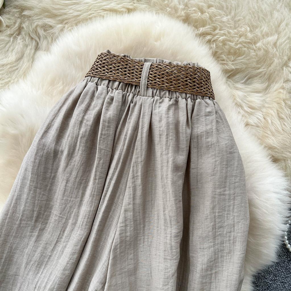 Summer Women Chic Boho Cotton Linen High Waist Wide Leg Pocket Pant Trouser With Belt For Girls