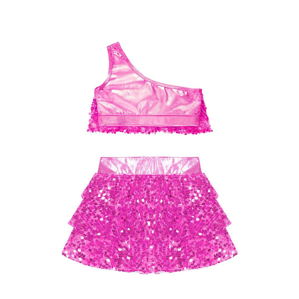Mädchen Pailletten Crop Top Stufenrüschen mit Metallic Weste und Rockshorts