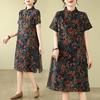 New Chinese Style Linen Cotton Midi Dress Women Stand Collar Frog Buttons Floral Print A Line Loose Vintage Casual Dress Summer 2025