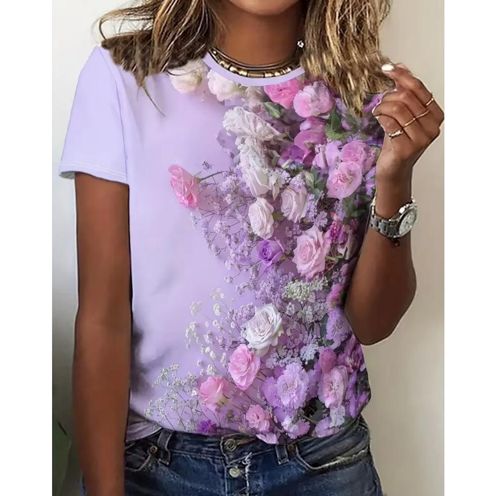 Summer Women's Casual Outdoor Round Neck Short Sleeve Tops Purple Flower Printed Style OverSize Fashion